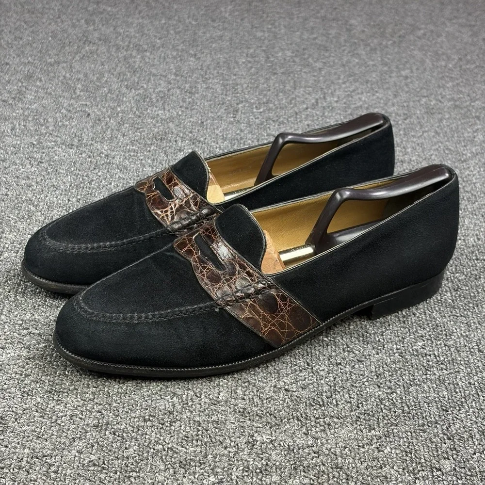 Moreschi Black Suede Penny Loafers Croc Style Strap Vibram Sole Italy Size 10